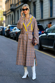 beige coat, checked, graphic jacket, high heels, leather shoes, linda tol, plaid, printed jacket, sunglasses, trench coat, white shoes, MILAN, MFW, fashion week, frenchystyle, FW, jonathan paciullo, street style, AUTUMN WINTER 2019-2020, AW 19-20, FALL WINTER 2019-2020, FW 19-20, vertical, full length
