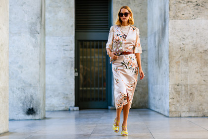atmosphere details, beige dress, candela novembre, fashion week, floral, flower, frenchystyle, full length, FW, high heels, horizontal, jonathan paciullo, leather bag, leather belt, leather shoes, PARIS, PFW, printed bag, printed dress, red belt, silk dress, SPRING SUMMER 2017, SS 17, street style, sunglasses, yellow sandals