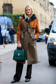 black shoes, brown coat, brown jacket, brown pants, checked, graphic jacket, green bag, hood, leather bag, leather shoes, model, ostrich, plaid, printed jacket, salvatore ferragamo, suede jacket, trousers, MILAN, MFW, fashion week, frenchystyle, FW, jonathan paciullo, street style, AUTUMN WINTER 2019-2020, AW 19-20, FALL WINTER 2019-2020, FW 19-20, vertical, full length