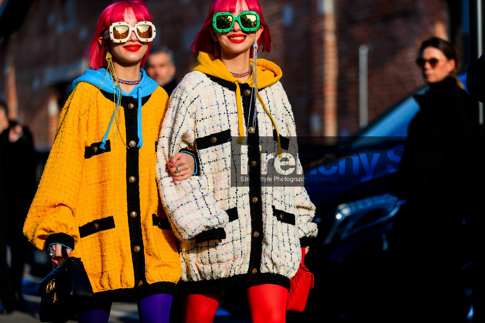 Ami and Aya Suzuki, black bag, blue sweater, checked, dyed hair, graphic jacket, gucci, hoodie, leather bag, necklace, pink hair, plaid, printed jacket, red bag, sunglasses, tights, tweed jacket, white jacket, yellow jacket, fashion week, frenchystyle, FW, jonathan paciullo, street style, MFW, MILAN, AUTUMN WINTER 2019-2020, AW 19-20, FALL WINTER 2019-2020, FW 19-20, atmosphere details, detail, horizontal