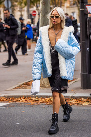 Vanessa Hong, bag, white bag, blue coat, black dress, coat, dress, miu miu look, short dress, statement dress, strap dress, strass, puffer, blue puffer, necklace, silver necklace, sunglasses, white sunglasses, fashion week, frenchystyle, FW, jonathan paciullo, street style, PFW, PARIS, SPRING SUMMER 2022, SS 22, vertical, full length