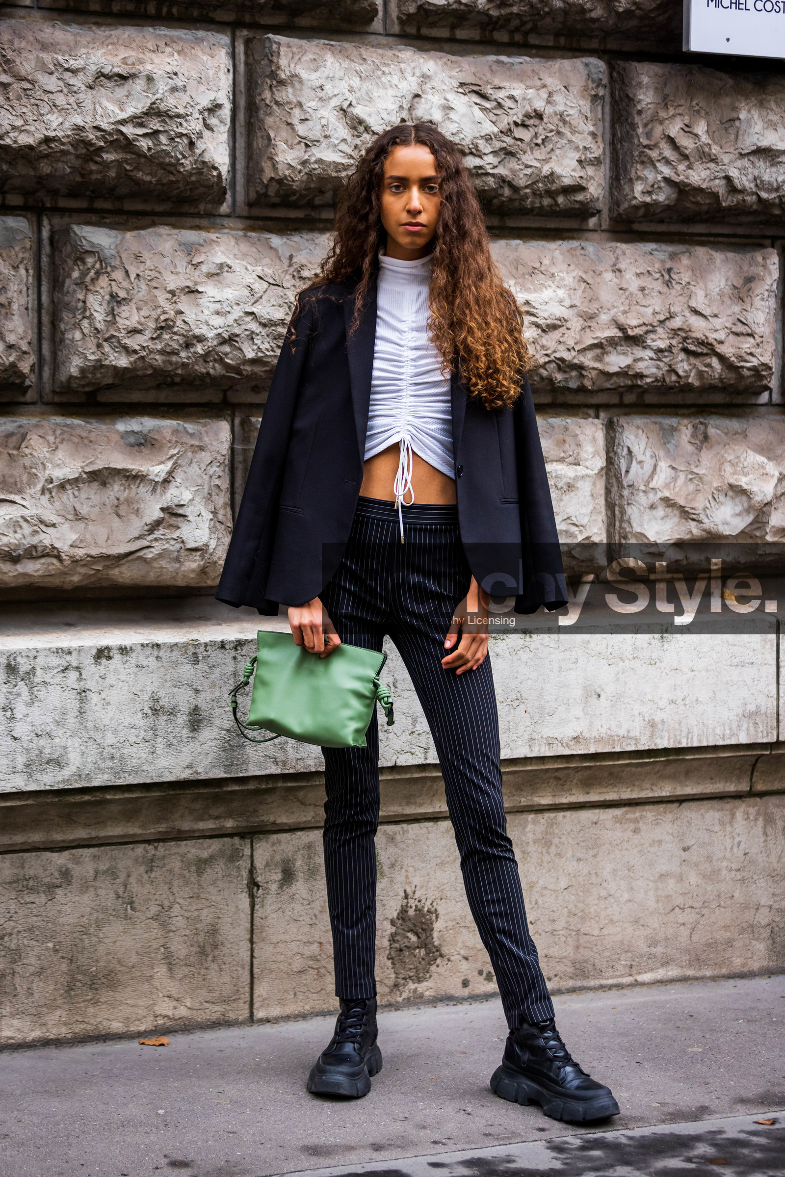 bag, black and white, black blazer, black boots, black pants, blazer, boots, green bag, green pouch, leather boots, loewe bag, pants, pleated top, pouch, striped pants, stripes, top, white top, street style, jonathan paciullo, FW, frenchystyle, fashion week, PFW, PARIS, SPRING SUMMER 2022, SS 22, vertical, full length, model