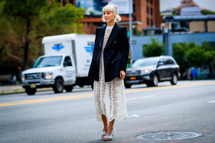 balenciaga, black jacket, blazer, graphic dress, high heels, kim jones, leather shoes, printed dress, shiny shoes, white dress, street style, jonathan paciullo, FW, frenchystyle, fashion week, NYFW, NEW YORK, SPRING SUMMER 2019, SS 19, atmosphere details, horizontal, full length