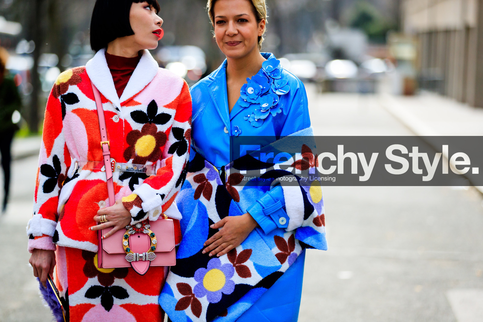 atmosphere details, AUTUMN WINTER 2017-2018, AW 17-18, blue coat, blue scarf, detail, embroidered bag, FALL WINTER 2017-2018, fashion week, floral, flower, frenchystyle, FW, FW 17-18, graphic jacket, horizontal, jonathan paciullo, leather bag, leather coat, mademoiselle yulia, miu miu, PARIS, PFW, pink bag, printed bag, printed jacket, printed scarf, printed skirt, red jacket, red skirt, street style