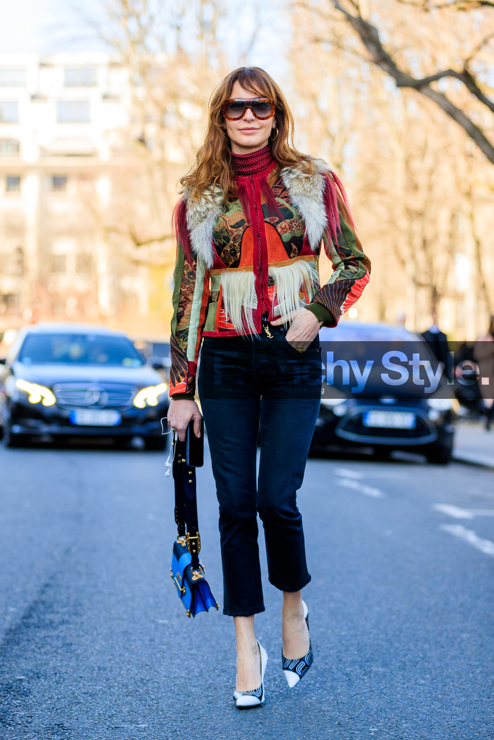 AUTUMN WINTER 2017-2018, AW 17-18, black and white shoes, black denim, blue bag, blue denim, denim pants, ece sukan, FALL WINTER 2017-2018, fashion week, frenchystyle, full length, FW, FW 17-18, high heels, jeans, jonathan paciullo, leather bag, leather shoes, miu miu, natural fur, PARIS, PFW, prada, printed jacket, red jacket, street style, sunglasses, trousers, vertical