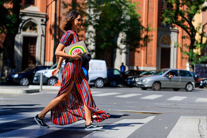 atmosphere details, black shoes, black sneakers, fashion week, frenchystyle, full length, FW, graphic bag, graphic dress, gucci, horizontal, jonathan paciullo, leather bag, leather shoes, MFW, MILAN, printed bag, printed dress, red dress, soraya bakhtiar, SPRING SUMMER 2018, SS 18, street style, striped dress, sunglasses, vans