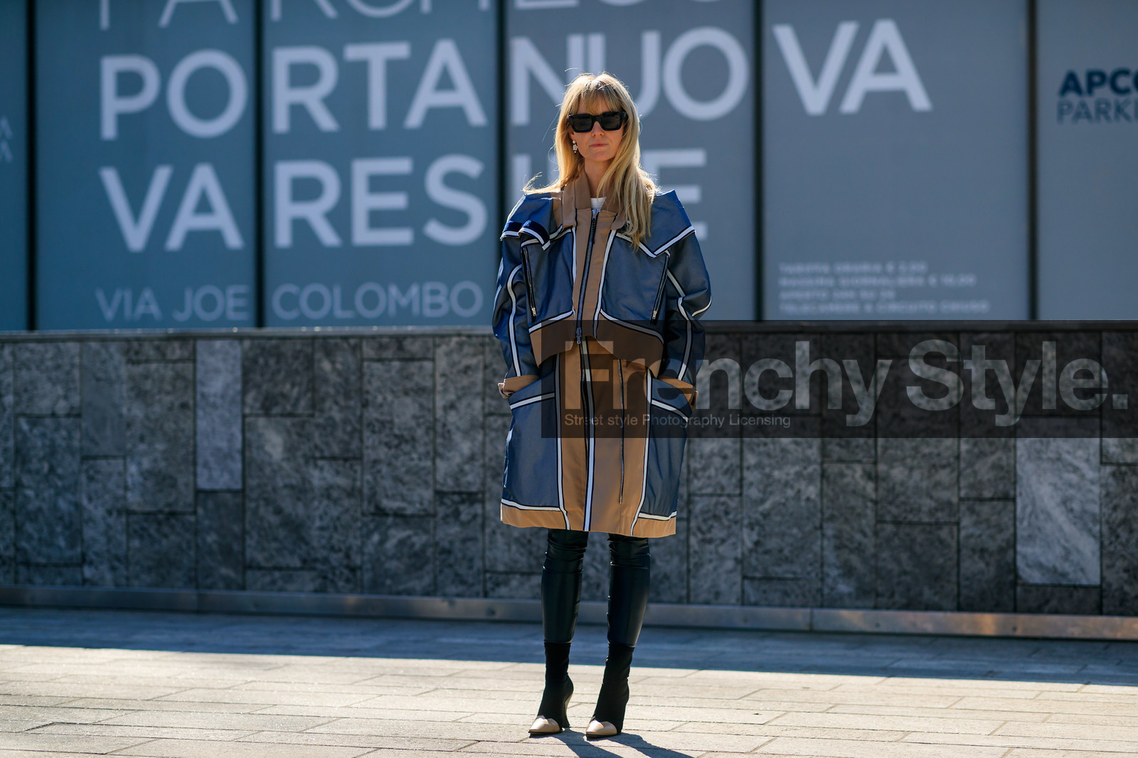 black leggings, black shoes, céline, graphic jacket, grey coat, high heels, jeanette madsen, leather shoes, printed jacket, sunglasses, trousers, MILAN, MFW, fashion week, frenchystyle, FW, jonathan paciullo, street style, AUTUMN WINTER 2019-2020, AW 19-20, FALL WINTER 2019-2020, FW 19-20, atmosphere details, full length, horizontal