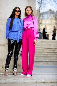 AUTUMN WINTER 2017-2018, AW 17-18, black pants, blue shirt, chloe, FALL WINTER 2017-2018, fashion week, frenchystyle, full length, FW, FW 17-18, gilda ambrosio, giorgia tordini, high heels, jonathan paciullo, leather bag, leather pants, leather shoes, PARIS, PFW, pink pants, pink shirt, street style, striped shirt, sunglasses, trousers, trousers: beige bag, vertical, white shoes