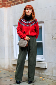 beige bag, black shoes, corduroy, fashion week, fendi, frenchystyle, full length, FW, graphic bag, green pants, gucci, jonathan paciullo, leather bag, leather shoes, LFW, LONDON, monogram, printed bag, printed sweater, red sweater, sara moschini, SPRING SUMMER 2018, SS 18, street style, trousers, vertical