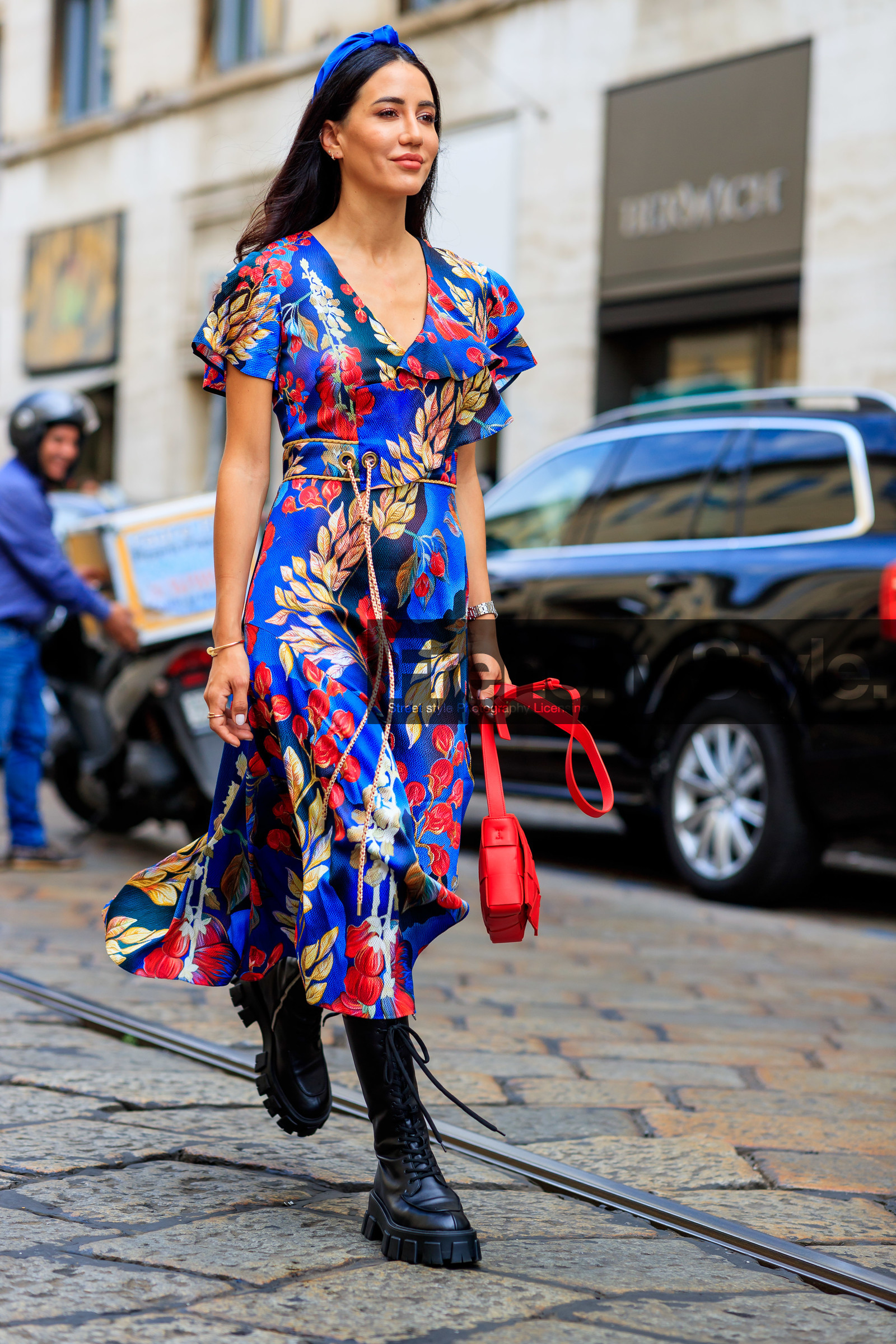 tamara kalinic, floral printed dress, blue dress, yellow dress, red dress, short sleeves dress, low necked dress, ruffle dress, black leather boots, laced boots, high boots, fashion week, frenchystyle, FW, jonathan paciullo, street style, MFW, MILAN, SPRING SUMMER 2020, SS 20