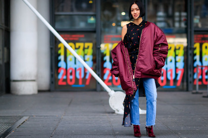 black top, blue denim, bomber jacket, bordeaux, burgundy, denim pants, high heels, jeans, leather shoes, off the shoulder, printed top, red jacket, red shoes, silk top, trousers, velvet, vêtements, fashion week, frenchystyle, FW, jonathan paciullo, street style, PFW, PARIS, SPRING SUMMER 2017, SS 17, HAUTE COUTURE, atmosphere details, full length, horizontal, Tiffany Hsu