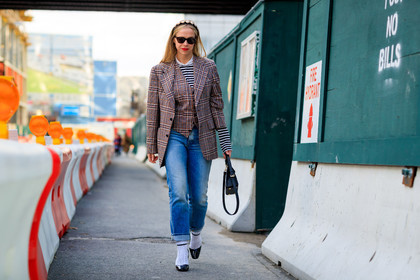 black bag, black shoes, blue denim, checked, checked jacket, denim pants, graphic jacket, high heels, jeans, leather bag, leather shoes, pink jacket, plaid, printed jacket, red lips, striped top, tartan, trousers, varnished leather shoes, vest, white socks, street style, jonathan paciullo, FW, frenchystyle, fashion week, NYFW, NEW YORK, AUTUMN WINTER 2018-2019, AW 18-19, FALL WINTER 2018-2019, FW 18-19, atmosphere details, horizontal, full length, chloe king