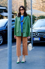 blazer, blue sweater, brown denim, deborah reyner sebag, denim pants, green jacket, green shoes, jeans, leather bag, leather jacket, leather shoes, necklace, sunglasses, trousers, white bag, MILAN, MFW, fashion week, frenchystyle, FW, jonathan paciullo, street style, AUTUMN WINTER 2019-2020, AW 19-20, FALL WINTER 2019-2020, FW 19-20, vertical, full length