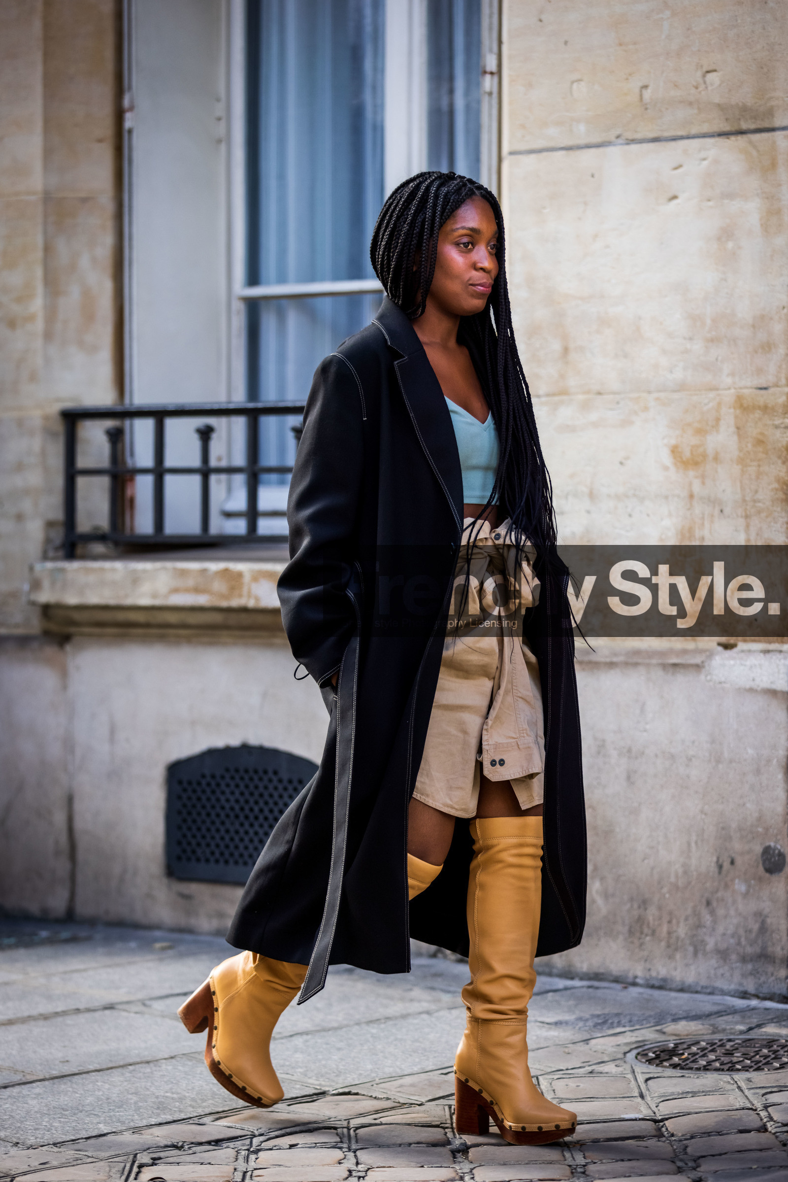 beige skirt, black coat, blue crop top, boots, camel boots, coat, crop top, high boots, leather boots, Rajni Lucienne Jacques, skirt, street style, jonathan paciullo, FW, frenchystyle, fashion week, PFW, PARIS, SPRING SUMMER 2022, SS 22, vertical, full length