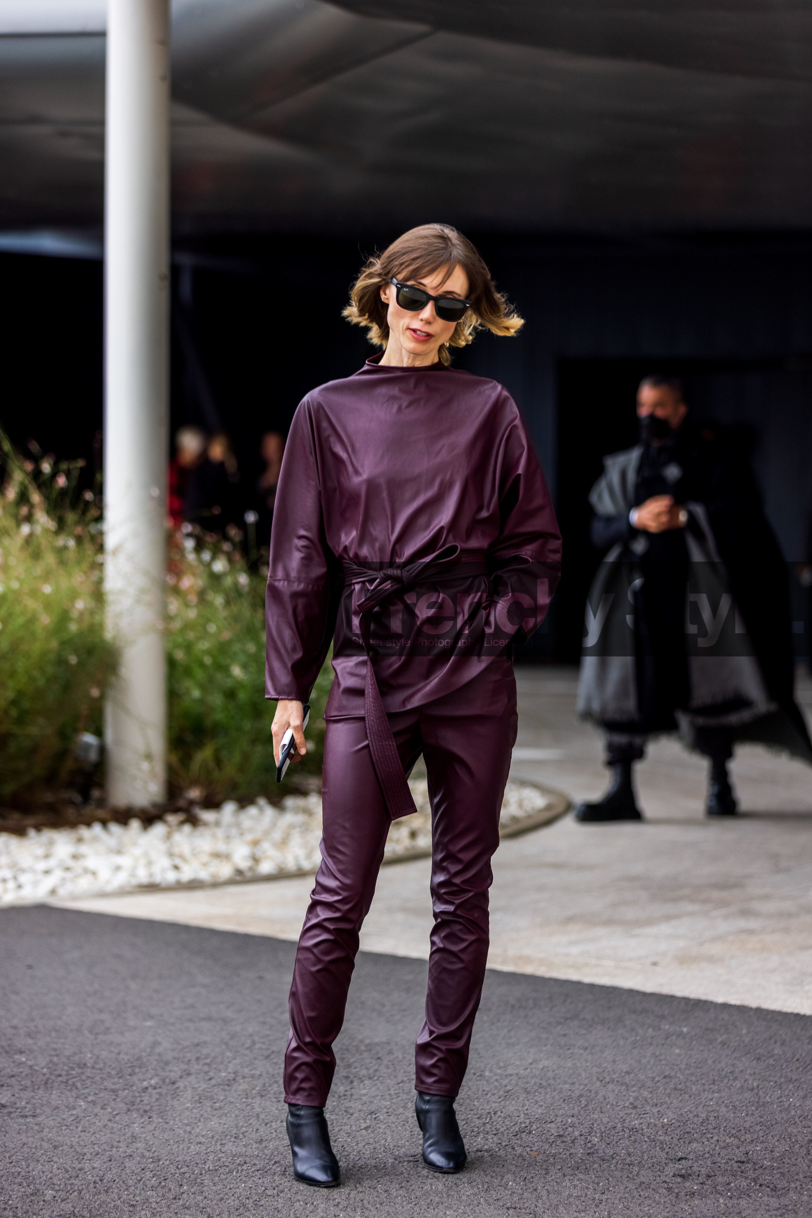 Anya Ziourova, belted top, black boots, black sunglasses, boots, burgundy pants, burgundy top, leather boots, leather pants, leather top, pants, sunglasses, top, PARIS, PFW, fashion week, frenchystyle, FW, jonathan paciullo, street style, SPRING SUMMER 2022, SS 22, vertical, full length