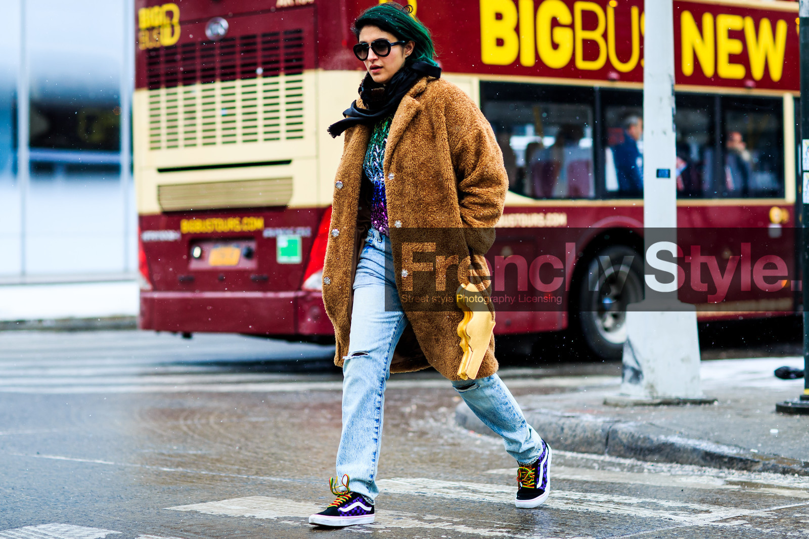 atmosphere details, AUTUMN WINTER 2016-2017, AW 16-17, black sneakers, blue denim, brown coat, brown fur, denim pants, dyed hair, fashion week, frenchystyle, full length, fun bag, fur coat, fur jacket, FW, FW 16-17, gold bag, horizontal, jeans, jonathan paciullo, leather bag, NEW YORK, NYFW, Preetma Singh, sequined top, street style, sunglasses, trousers, vans, woman