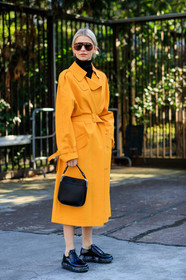 black bag, black shoes, black turtleneck, caro daur, earrings, leather bag, leather shoes, prada, sunglasses, trench coat, yellow coat, MILAN, MFW, fashion week, frenchystyle, FW, jonathan paciullo, street style, AUTUMN WINTER 2019-2020, AW 19-20, FALL WINTER 2019-2020, FW 19-20, vertical, full length