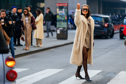 acne studios, anna rosa vitiello, beige jacket, black shoes, brown scarf, Fur coat, headscarf, high heels, leather shoes, sunglasses, tights, white coat, white fur, MILAN, MFW, fashion week, frenchystyle, FW, jonathan paciullo, street style, AUTUMN WINTER 2019-2020, AW 19-20, FALL WINTER 2019-2020, FW 19-20, atmosphere details, full length, horizontal