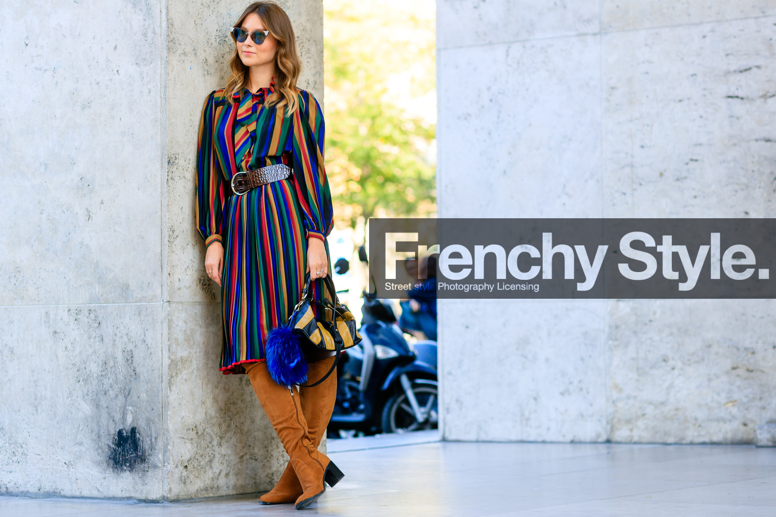 atmosphere details, brown belt, brown boots, fashion week, frenchystyle, full length, FW, geometric, graphic bag, graphic dress, high boots, horizontal, jonathan paciullo, leather bag, leather belt, leather shoes, multicolor dress, PARIS, PFW, printed dress, SPRING SUMMER 2017, SS 17, street style, striped bag, striped dress, suede shoes, sunglasses, yellow bag