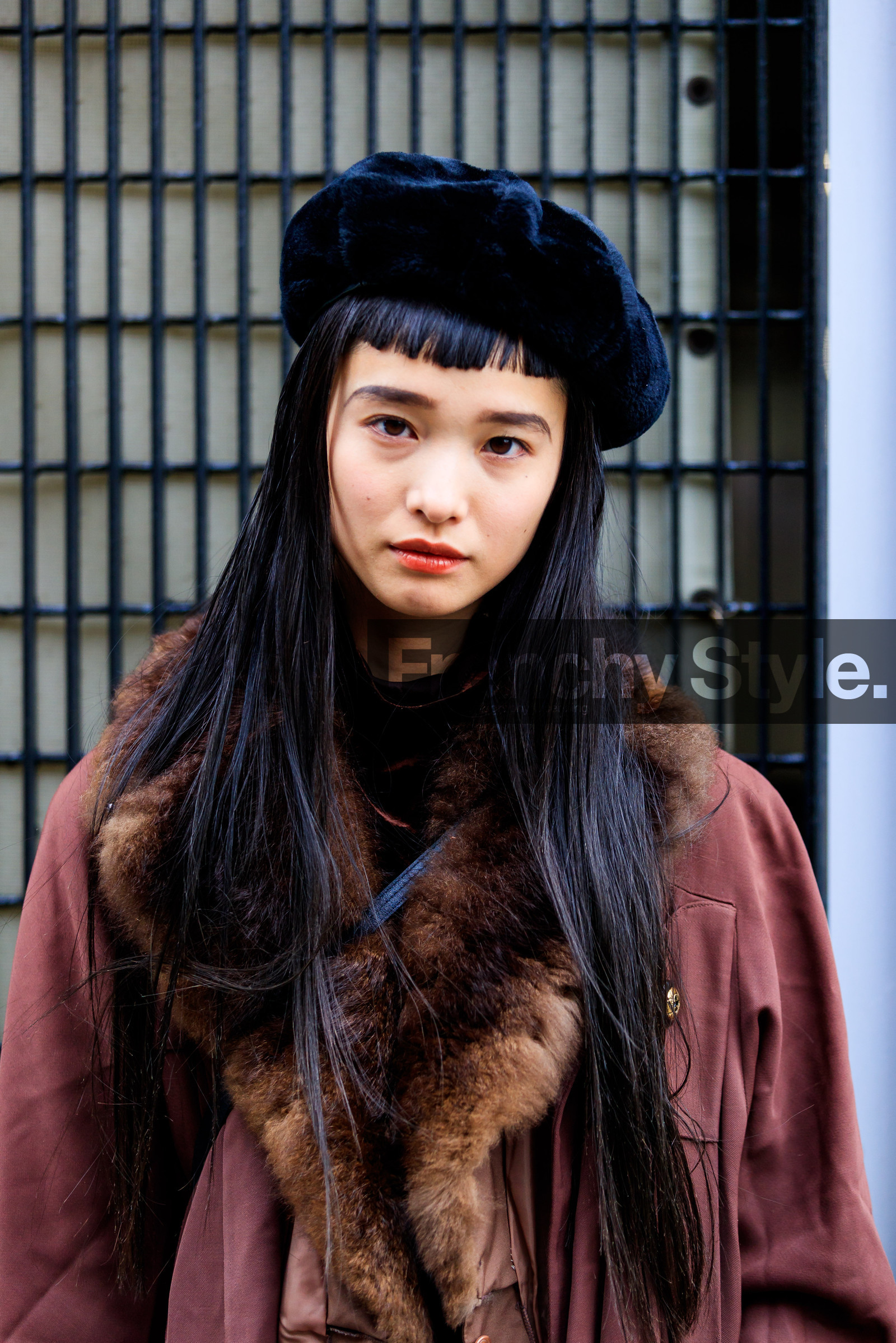 AUTUMN WINTER 2017-2018, AW 17-18, beret, black hat, bordeaux, brown coat, brown fur, burgundy, detail, FALL WINTER 2017-2018, fashion week, frenchystyle, fur collar, FW, FW 17-18, jonathan paciullo, model, NEW YORK, NYFW, portrait, street style, velvet, vertical, yuka mannami