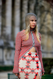 courtney trop, graphic skirt, graphic sweater, hood, leather bag, metallic bag, paco rabanne, printed skirt, printed sweater, red sweater, silver bag, white skirt, PARIS, PFW, street style, jonathan paciullo, FW, frenchystyle, fashion week, AUTUMN WINTER 2019-2020, AW 19-20, FALL WINTER 2019-2020, FW 19-20, vertical, atmosphere details, detail