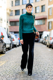 alla kostromichova, AUTUMN WINTER 2017-2018, AW 17-18, black cap, black pants, black shoes, FALL WINTER 2017-2018, fashion week, frenchystyle, full length, FW, FW 17-18, green sweater, jonathan paciullo, leather bag, leather shoes, model, PARIS, PFW, street style, trousers, velvet, vertical