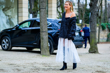 atmosphere details, AUTUMN WINTER 2017-2018, AW 17-18, black boots, black jacket, black shoes, black sweater, camille rowe, christian dior, FALL WINTER 2017-2018, fashion week, frenchystyle, full length, FW, FW 17-18, horizontal, jonathan paciullo, leather shoes, model, off the shoulder, PARIS, PFW, see through, street style, white skirt