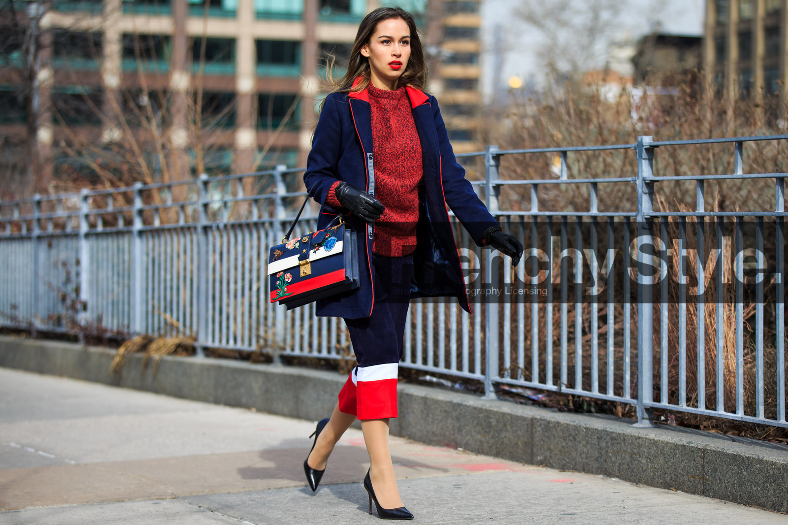 atmosphere details, AUTUMN WINTER 2016-2017, AW 16-17, black gloves, black heels, blue, blue bag, blue jacket, blue pants, fashion week, floral, flower, frenchystyle, full length, FW, FW 16-17, gucci, high heels, horizontal, jonathan paciullo, leather bag, leather gloves, leather shoes, navy, navy jacket, NEW YORK, NYFW, printed bag, red, red lips, red sweater, street style, striped pants, stripes, white, woman