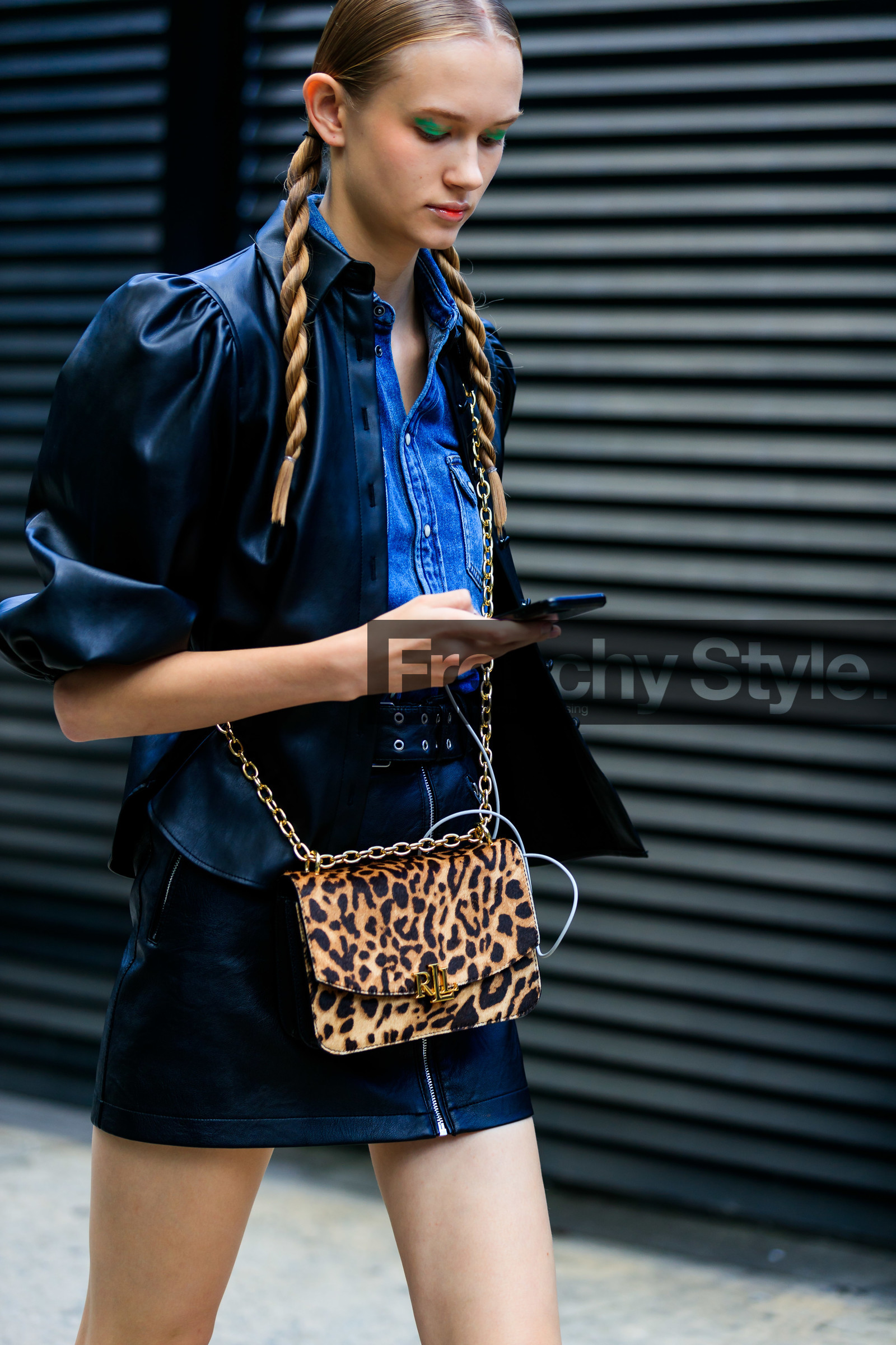animal print, black jacket, black skirt, blue denim, braids, brown bag, denim shirt, eyeshadow, graphic bag, leather bag, leather jacket, leather shoes, leather skirt, leopard, model, printed bag, street style, jonathan paciullo, FW, frenchystyle, fashion week, NEW YORK, NYFW, SPRING SUMMER 2020, SS 20, vertical, detail, atmosphere details