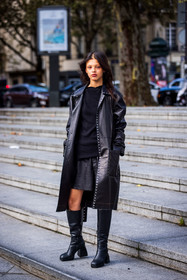 bermuda, black bermuda, black boots, black coat, black monochrome, black t-shirt, boots, coat, Jade Rabarivelo, leather boots, leather coat, monochrome, t-shirt, fashion week, frenchystyle, FW, jonathan paciullo, street style, PFW, PARIS, SPRING SUMMER 2022, SS 22, vertical, full length