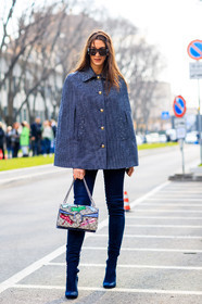 AUTUMN WINTER 2017-2018, AW 17-18, black shoes, blue boots, blue denim, cape, denim pants, embroidered bag, FALL WINTER 2017-2018, fashion week, frenchystyle, full length, FW, FW 17-18, glitter, graphic jacket, gucci, high boots, high heels, jeans, jonathan paciullo, leather bag, leather shoes, MFW, MILAN, monogram, printed bag, printed jacket, Sara Nicole Rossetto, sequined bag, street style, suede shoes, sunglasses, trousers, vertical