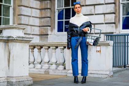 atmosphere details, basket, beige sweater, black jacket, black perfecto, black shoes, blazer, blue denim, chanel, céline, denim pants, fashion week, frenchystyle, full length, FW, graphic bag, high heels, horizontal, irina lakicevic, jeans, jonathan paciullo, leather jacket, leather perfecto, leather shoes, LFW, LONDON, off the shoulder, SPRING SUMMER 2018, SS 18, street style, trousers