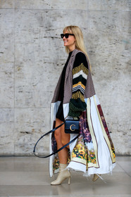 beige shoes, black bag, black skirt, checked, chloé, céline, gingham, graphic jacket, high heels, jeanette madsen, leather bag, leather shoes, multicolor jacket, plaid, printed jacket, stripes, sunglasses, PARIS, PFW, street style, jonathan paciullo, FW, frenchystyle, fashion week, AUTUMN WINTER 2019-2020, AW 19-20, FALL WINTER 2019-2020, FW 19-20, vertical, full length