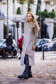Alexandra Golovanoff, beige dress, beige knitwear, black boots, boots, dress, high boots, knitwear, split dress, strass, studs, fashion week, frenchystyle, FW, jonathan paciullo, street style, PFW, PARIS, SPRING SUMMER 2022, SS 22, vertical, full length