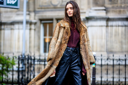 atmosphere details, AUTUMN WINTER 2017-2018, AW 17-18, black pants, brown coat, brown fur, Carolina Thaler, detail, FALL WINTER 2017-2018, fashion week, frenchystyle, Fur coat, FW, FW 17-18, horizontal, jonathan paciullo, leather pants, model, PARIS, PFW, purple sweater, street style