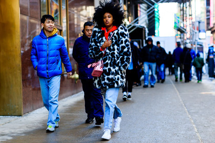 atmosphere details, AUTUMN WINTER 2017-2018, AW 17-18, black and white jacket, blue denim, converse, denim pants, FALL WINTER 2017-2018, fashion week, frenchystyle, full length, fur jacket, FW, FW 17-18, horizontal, jeans, jonathan paciullo, julia sarr-jamois, leather bag, louis vuitton, NEW YORK, NYFW, pink bag, printed jacket, red sweater, shiny bag, street style, trousers, white sneakers