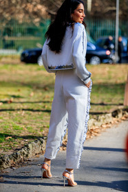 denim pants, embroidered jeans, glitter, graphic pants, high heels, jeans, jessica kahawaty, leather shoes, printed pants, sequined pants, sequined shoes, shiny shoes, transparent shoes, trousers, white denim, white pants, white sweater, MILAN, MFW, fashion week, frenchystyle, FW, jonathan paciullo, street style, AUTUMN WINTER 2019-2020, AW 19-20, FALL WINTER 2019-2020, FW 19-20, vertical, atmosphere details, detail