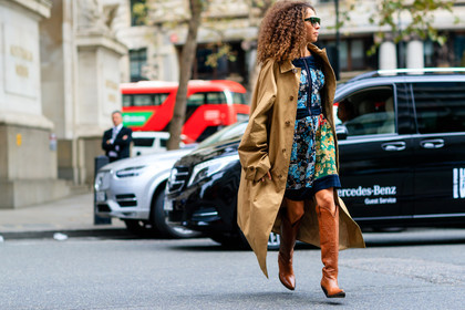 atmosphere details, beige coat, brown boots, cowboy boots, curly hair, fashion week, frenchystyle, full length, FW, high boots, horizontal, jonathan paciullo, leather shoes, LFW, LONDON, oversize, printed dress, SPRING SUMMER 2017, SS 17, street style, sunglasses, trench coat, woman