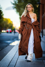 acne bag, acne studios, aviator glasses, black bag, brown coat, glasses, leather bag, oversize belt, oversize coat, small bag, Stephanie Broek, white dress, street style, jonathan paciullo, FW, frenchystyle, fashion week, PFW, PARIS, SPRING SUMMER 2022, SS 22, vertical, full length