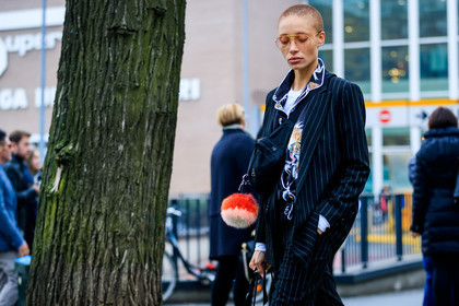 adwoa aboah, atmosphere details, AUTUMN WINTER 2017-2018, AW 17-18, black bag, black jacket, black shirt, blazer, detail, FALL WINTER 2017-2018, fanny pack, fashion week, fluffy bag, frenchystyle, FW, FW 17-18, horizontal, jonathan paciullo, leather bag, MFW, MILAN, model, prada, printed shirt, street style, striped jacket, sunglasses, trousers, white t shirt