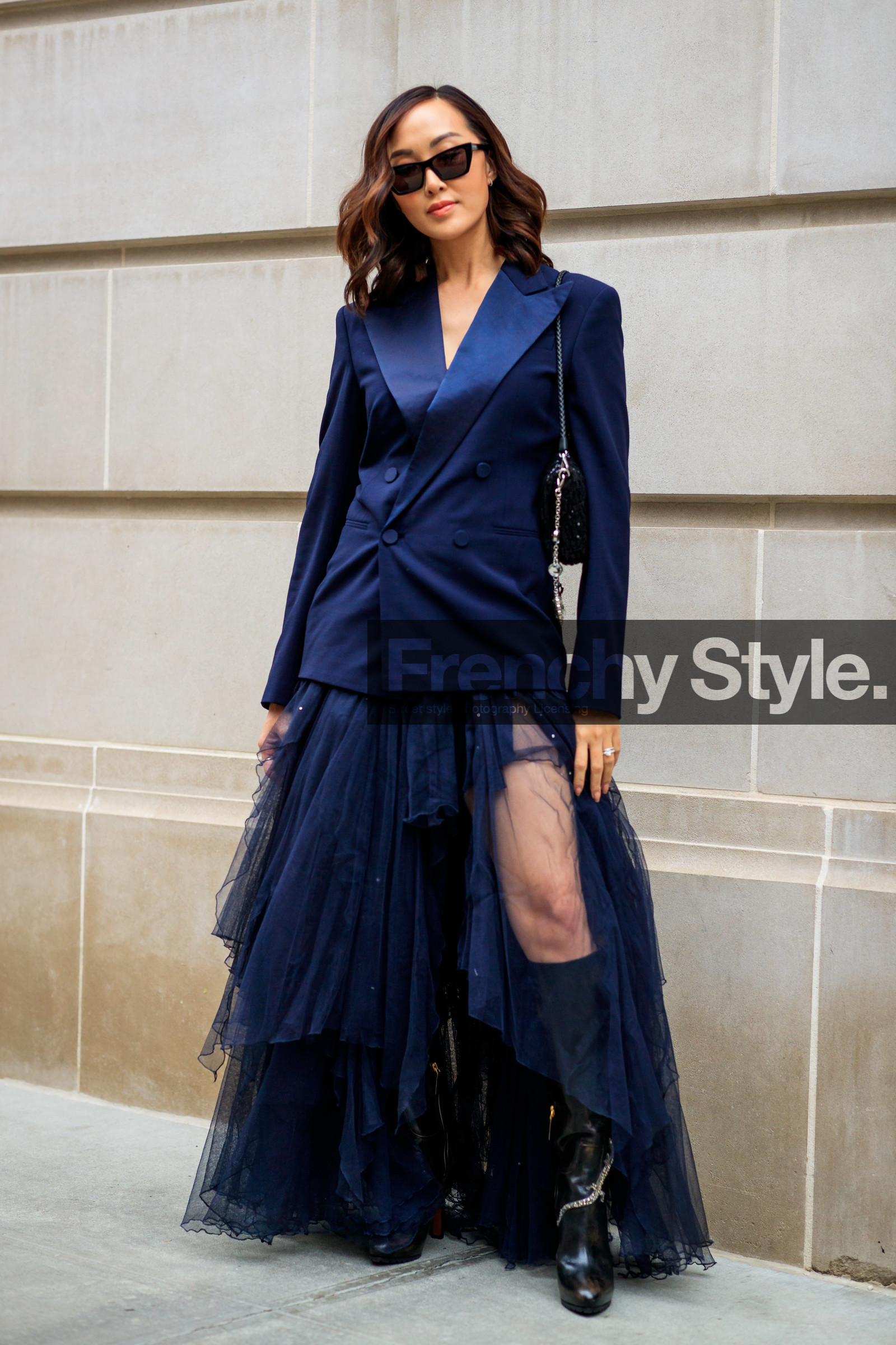 black bag, black shoes, blazer, blue skirt, glitter, high boots, high heels, leather bag, leather shoes, navy jacket, sequined bag, shiny bag, sunglasses, tulle, frenchystyle, jonathan paciullo, street style, NYFW, NEW YORK, AUTUMN WINTER 2019-2020, AW 19-20, FALL WINTER 2019-2020, FW 19-20, fashion week, FW, vertical, full length