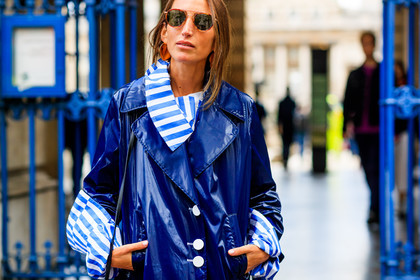 atmosphere details, blue coat, blue shirt, detail, earrings, fashion week, frenchystyle, FW, geometric, graphic shirt, horizontal, jonathan paciullo, leather coat, LFW, LONDON, printed shirt, raincoat, SPRING SUMMER 2018, SS 18, street style, striped shirt