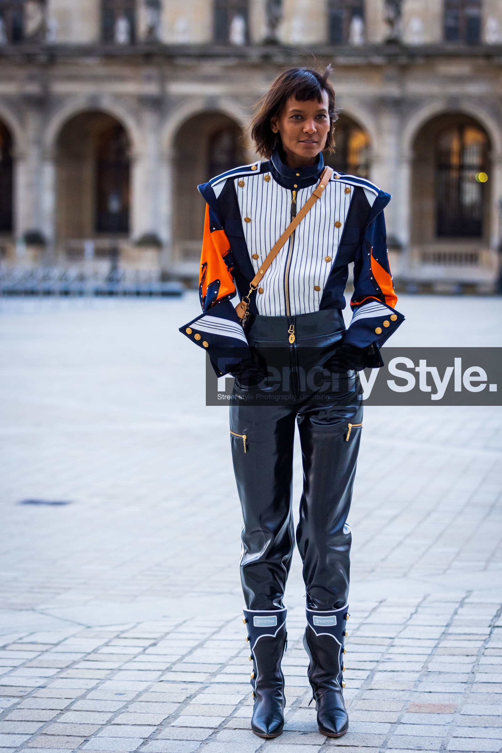 black boots, black jacket, black pants, boots, jacket, leather boots, Liya Kebede, louis vuitton look, orange jacket, pants, patent pants, printed jacket, stripes, fashion week, frenchystyle, FW, jonathan paciullo, street style, PFW, PARIS, SPRING SUMMER 2022, SS 22, vertical, full length