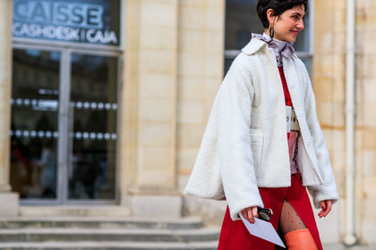 atmosphere details, AUTUMN WINTER 2017-2018, AW 17-18, black bag, detail, earrings, FALL WINTER 2017-2018, fashion week, frenchystyle, FW, FW 17-18, high boots, horizontal, jonathan paciullo, jw anderson, orange shoes, PARIS, PFW, printed sweater, red skirt, red sweater, street style, striped sweater, sunglasses, turtleneck sweater, white belt, white jacket, white sweater