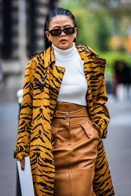 animal print, beige black sunglasses, camel skirt, coat, leather skirt, Nichapat Suphap, printed coat, skirt, sunglasses, tiger print, turtleneck, white turtleneck, yellow coat, street style, jonathan paciullo, FW, frenchystyle, fashion week, PFW, PARIS, SPRING SUMMER 2022, SS 22, vertical, atmosphere details