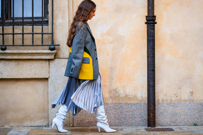 blazer, erika boldrin, graphic skirt, grey jacket, grey skirt, high boots, high heels, leather shoes, pleated skirt, printed skirt, white shoes, MILAN, MFW, fashion week, frenchystyle, FW, jonathan paciullo, street style, AUTUMN WINTER 2019-2020, AW 19-20, FALL WINTER 2019-2020, FW 19-20, atmosphere details, full length, horizontal