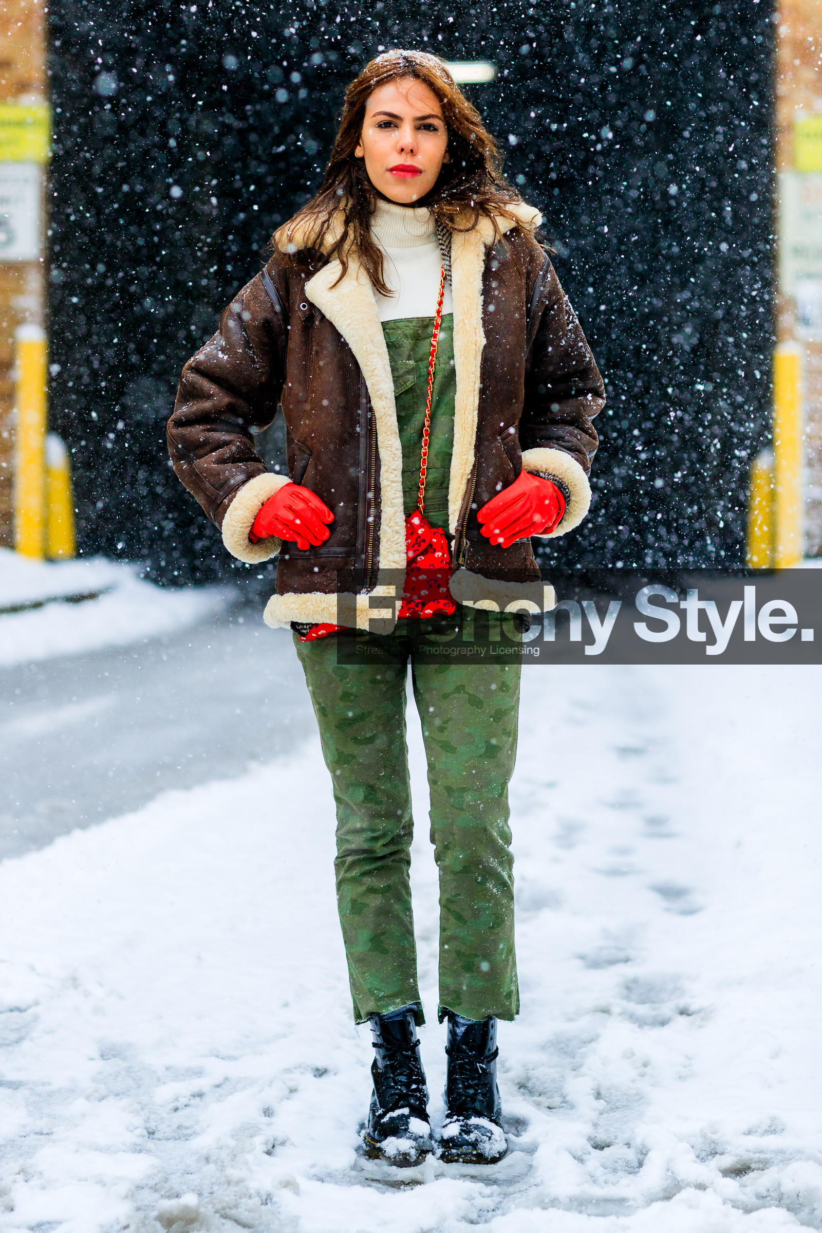 AUTUMN WINTER 2017-2018, AW 17-18, black boots, brown jacket, FALL WINTER 2017-2018, fashion week, frenchystyle, full length, FW, FW 17-18, green jumpsuit, jonathan paciullo, leather jacket, NEW YORK, NYFW, overall, red bag, red gloves, shearling, street style, trousers, vertical, white fur