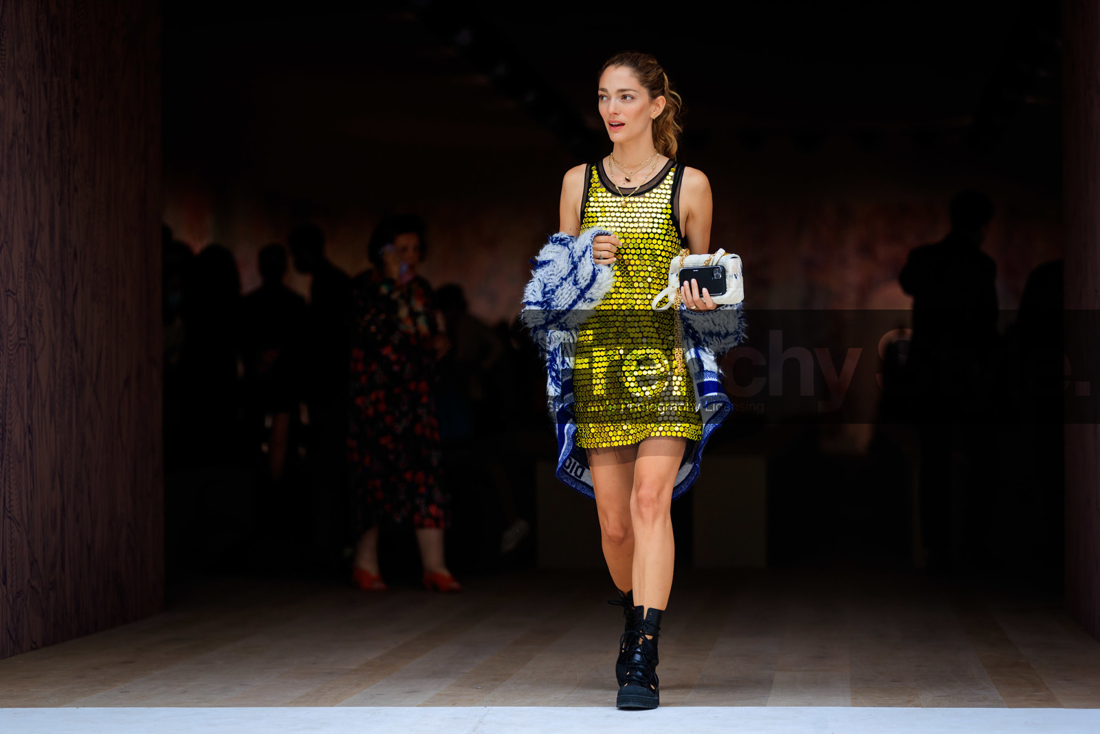 sequins dress, sleeveless dress, tie and dye cardigan, tie and dye coat, tie and dye jacket, dior cardigan, dior coat, dior jacket, mini dress, golden dress, golden necklace, multi necklace, chain necklace, big chain necklace, dior boots, dior shoes, black leather boots, flat boots, big sole boots, laced boots, dior total look, white jacket, white cardigan, white coat, blue coat, blue bag, blue jacket, blue cardigan, knit coat, knit jacket, knitwear, striped coat, striped jacket, striped cardigan, sofia sanchez de betak, fashion week, frenchystyle, FW, jonathan paciullo, street style, PFW, PARIS, AUTUMN WINTER 2021-2022, FALL WINTER 2021-2022, FW 21-22, atmosphere details, horizontal, full length