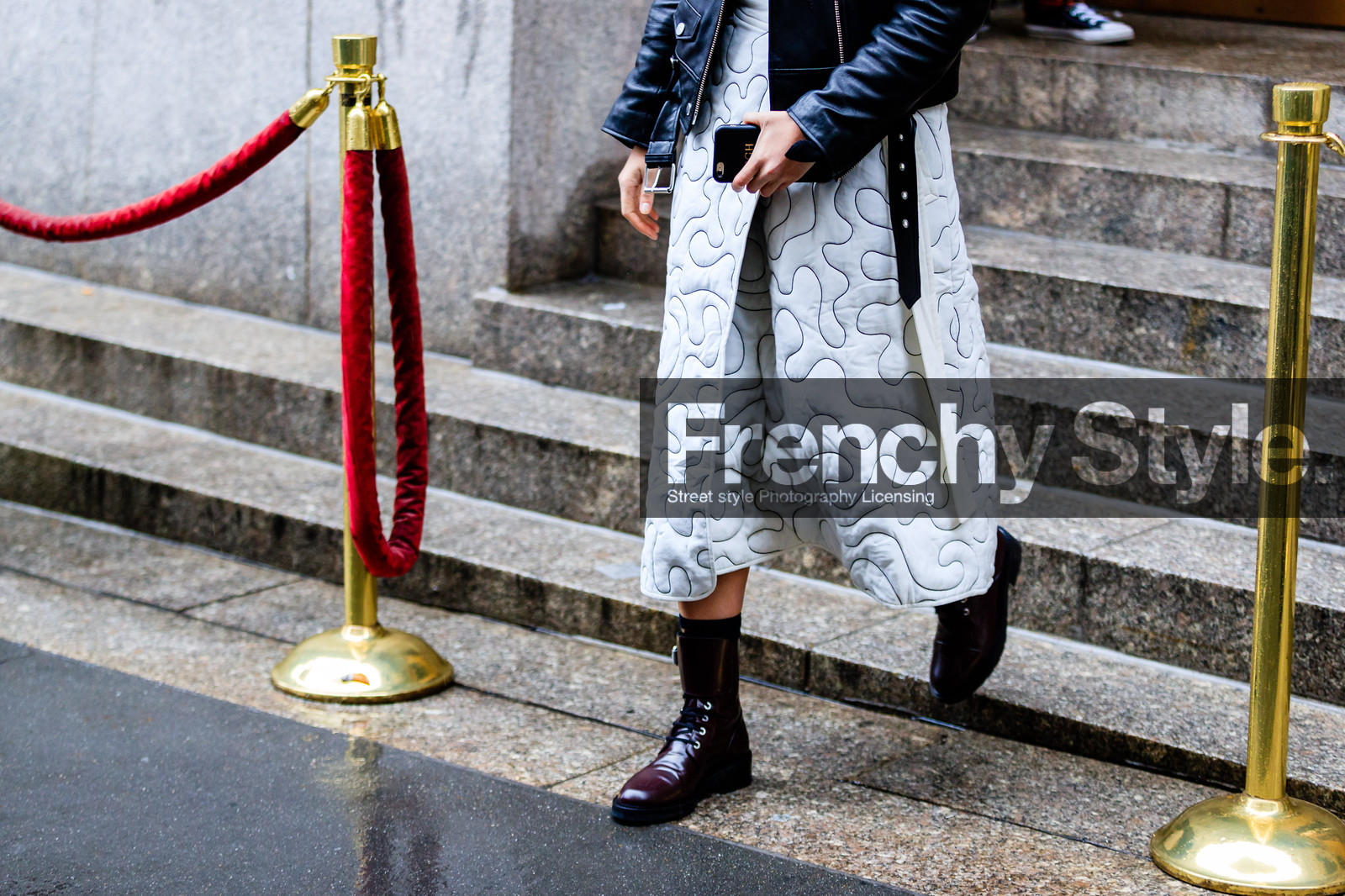 atmosphere details, AUTUMN WINTER 2017-2018, AW 17-18, black jacket, black perfecto, bordeaux, burgundy, detail, FALL WINTER 2017-2018, fashion week, frenchystyle, FW, FW 17-18, horizontal, jonathan paciullo, leather boots, leather jacket, leather perfecto, NEW YORK, NYFW, red boots, street style, white skirt