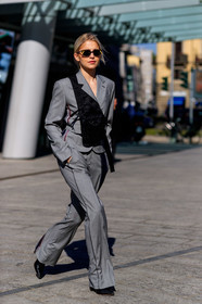 black bag, blazer, caro daur, grey jacket, grey pants, grey suit, leather bag, prada, sunglasses, trousers, MILAN, MFW, fashion week, frenchystyle, FW, jonathan paciullo, street style, AUTUMN WINTER 2019-2020, AW 19-20, FALL WINTER 2019-2020, FW 19-20, vertical, full length